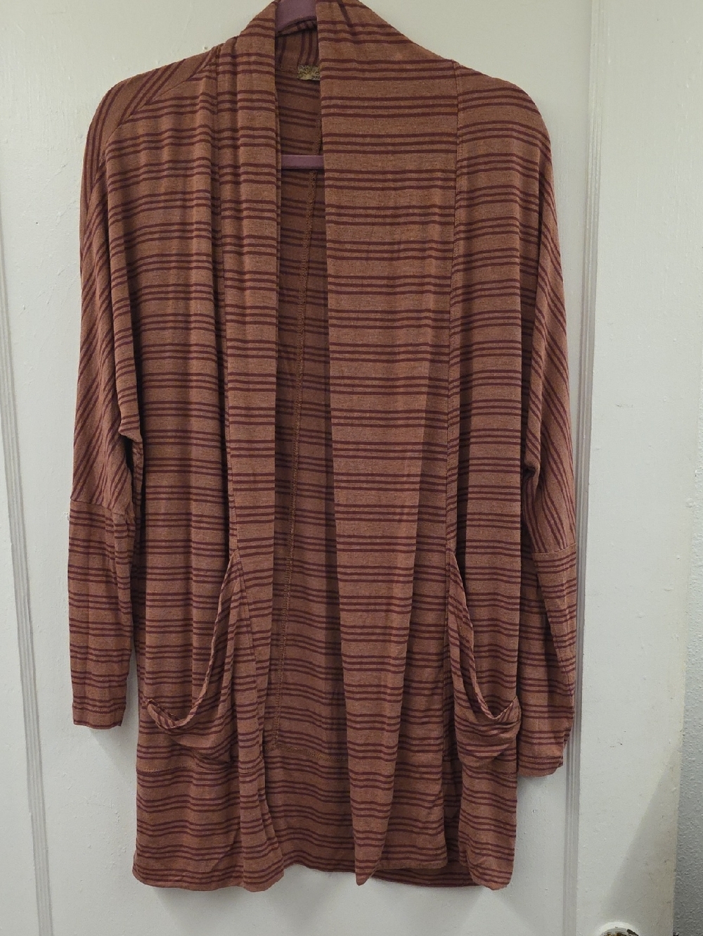prAna Foundation Wrap Cardigan M Pebble Grey Stripe Open Front Modal Pockets